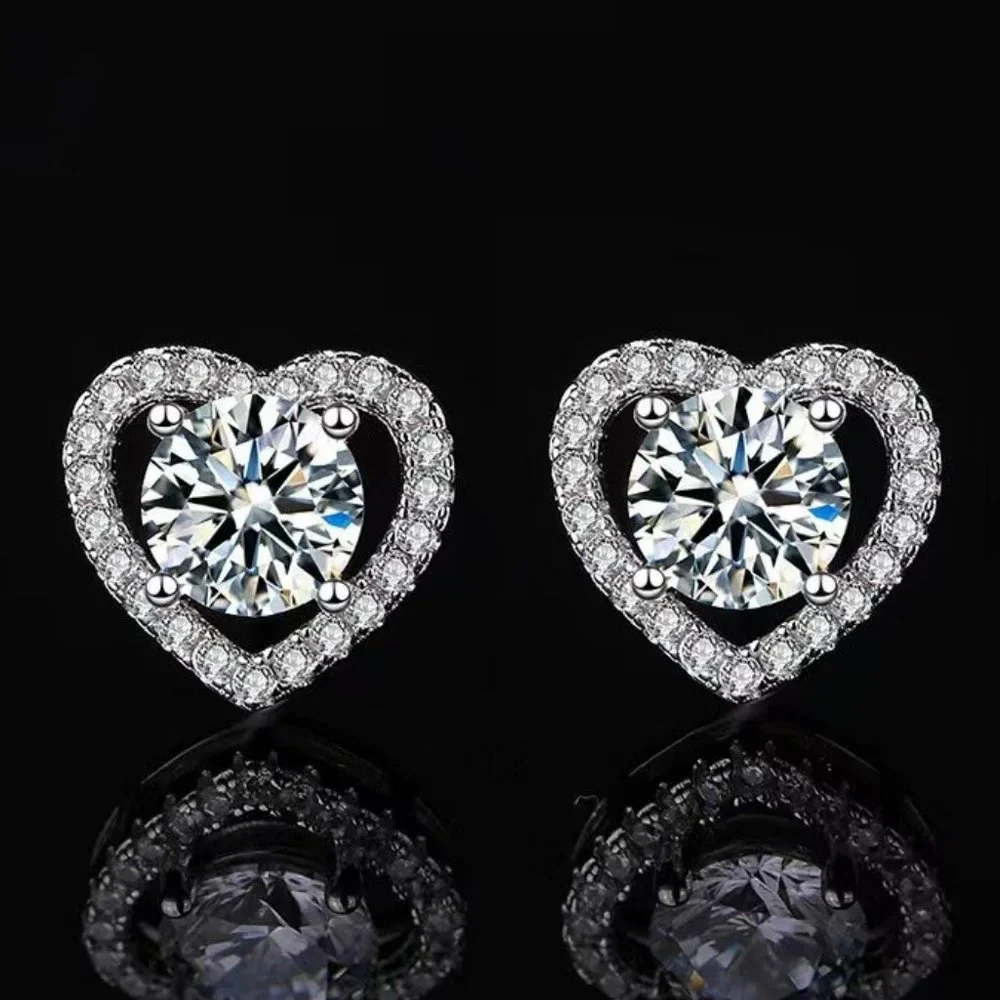 Certified 1 ct. t.w. Moissanite Diamond Heart Halo Stud Earrings NEW - Picture 1 of 11